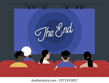 A cinema movie screen displaying The End signage, encompassing the realm of art and entertainment, with people seated on red-upholstered chairs