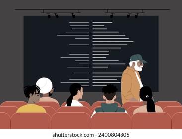 A cinema movie screen showcasing the final titles, creating an ambiance of art and entertainment, with individuals seated in red-upholstered chairs, or leaving the theater