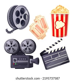 cinema movie set cartoon. ticket, clapper board, film strip, retro video camera, popcorn cinema movie vector illustration