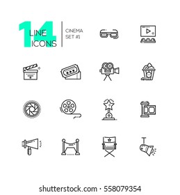 CInema and movie - set of modern vector line design icons. 3d glasses, film, pop corn, camera, award, ticket, movie hall, clapperboard, roll, megaphone, red carpet, director chair