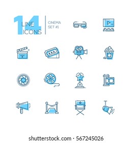 CInema and movie - set of modern vector line design icons with accent color. 3d glasses, film, pop corn, camera, award, ticket, movie hall, clapperboard, megaphone. Material design concept symbols