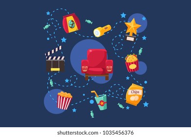 Cinema or movie set, scene, film industry, cinematography concept vector Illustration on a blue background