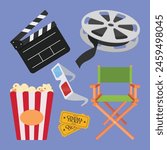 Cinema movie set vector icons. cinema film director objects illustration. cinema elements icon vector.