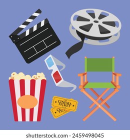 Cinema movie set vector icons. cinema film director objects illustration. cinema elements icon vector.