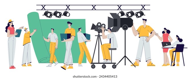 Cinema and Movie Shooting with People Character Cast and Operator Vector Illustration