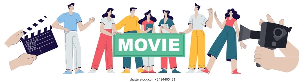 Cinema and Movie Shooting with People Character Cast and Operator Vector Illustration
