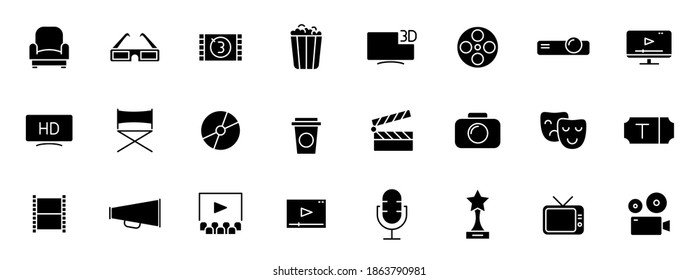 cinema and movie silhouette vector icons isolated on white. cinema icon set for web, mobile apps, ui design and print
