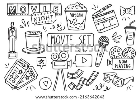  Cinema movie simple vector icon. Doodle outline rest set. Drawings element silhouette. Vector illustration