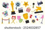 Cinema movie sticker. Icon camera film, popcorn, oscar statue, camera equipment. Element hipster logo video, award hollywood. Doodle filmmaking. Media art isolated symbols. Vector cartoon flat set