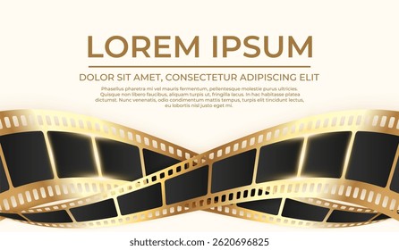 Cinema movie template with crossed shiny golden filmstrips. Movie film premiere banner. Vector illustration
