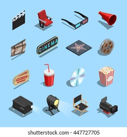 Cinema movie theater accessories and gadgets isometric icons set with projector 3d glasses and snacks isolated vector illustration 