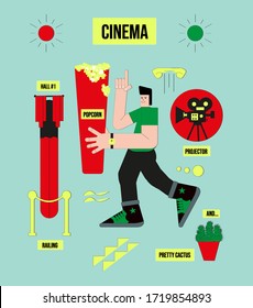 Cinema and movie theater attributes. A boy with a haircut in a green sweater and sneakers, with popcorn in big hands, goes to the premiere of the film. Vector