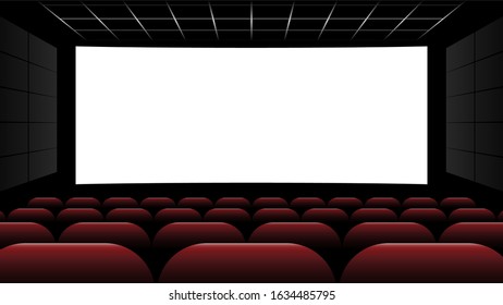 Cinema movie theater with blank screen and red seat, vector illustration