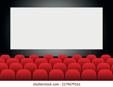 Cinema Movie Theater With Blank Screen And Red Seat. Movie Screen In The Cinema. Cinema Concept. Vector Stock