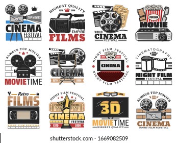 Cinema and movie theater, film making isolated icons vector set. Retro film reel, popcorn and 3d glasses, screen, camera and cinema tickets, director chair and clapperboard, videotape vintage icons