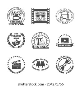 Cinema movie theater golden disk best video festival black retro style labels icons set isolated vector illustration