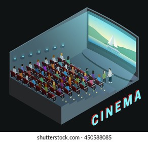 Cinema movie theater indoor auditorium isometric view poster with  watching action film audience abstract vector illustration 