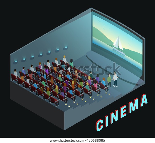 映画館の室内講堂アイソメビューポスターと 映画観客向けアクションの抽象的ベクターイラスト のベクター画像素材 ロイヤリティフリー