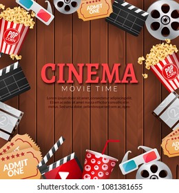 Cinema movie theater poster template. Film reel, popcorn, clapper, 3D glasses. Concept banner on wooden background.