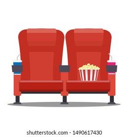 Cinema movie theater red comfortable seat with fizzy drink and box of popcorn over white background, Flat style vector illustration