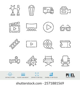 Cinema, movie theater related vector line icon set isolated on white. Pixel perfect design. Editable stroke. Adjust line weight. Expand to any size. Change to any color.