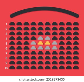 Cinema movie theater reservation scheme. Cinema seats booking online. Vector illustration