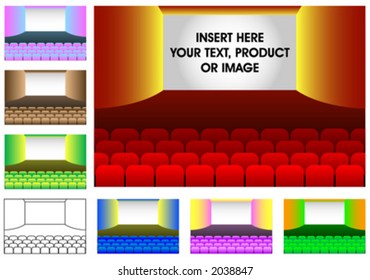 Cinema, movie, theater screen Stage and four rows of chairs