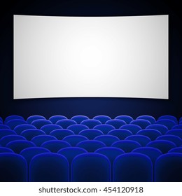 Cinema movie theatre interior vector. Interior for cinema with blue chair, illustration empty cinema hall