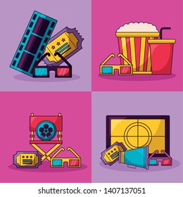 cinema movie ticket chair screen glasses speaker collection vector illustration