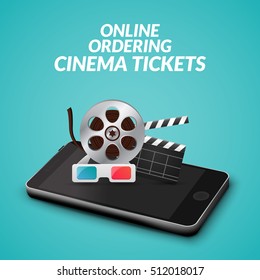 Cinema movie ticket online order concept. Mobile cinema smartphone app or web reservation. Vector illustration.