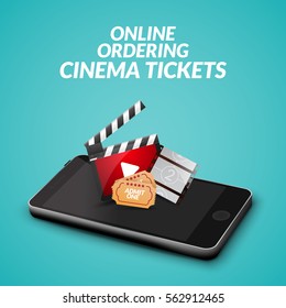Cinema movie ticket online order concept. Mobile cinema smartphone app or web reservation. Vector illustration