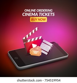 Cinema movie ticket online order concept. Mobile cinema smartphone app or web reservation. Vector illustration.
