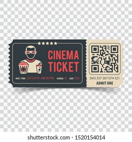 Cinema movie Ticket with QR code, viewer, popcorn and soda, flat style icons, isolated vector illustration on transparent background