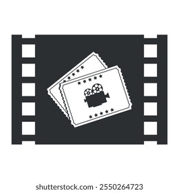 Cinema movie tickets icon in filmstrip frame. Monochrome vector illustration