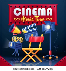 Cinema, Movie Time. 3d vector director's chair, camera, lighting and megaphone