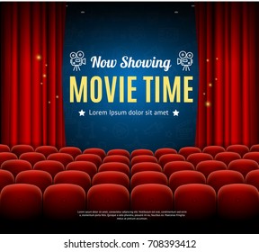 Cinema Movie Time Background Card Auditorium for Show, Premiere and Presentation or Performance. Vector illustration of Showing Film Placard