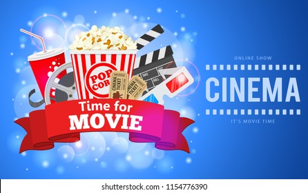 Cinema and Movie time Banner with flat icons film reel, popcorn, paper cup, 3d glasses, clapperboard and rubbon. vector illustration