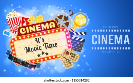 Cinema and Movie time Banner with flat icons transparent film, popcorn, signboard, masks, award and tickets. Vector illustration