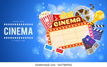 Cinema and Movie time Banner with flat icons film, popcorn, signboard, 3D glasses, award and tickets. Vector illustration poster