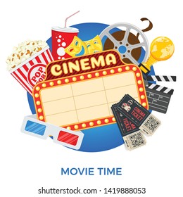 Cinema and Movie time Banner with flat icons film, popcorn, signboard, 3D glasses, award and tickets. isolated vector illustration poster