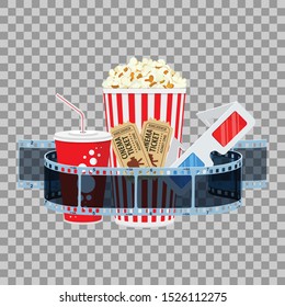 Cinema and Movie time Banner with flat icons transparent film, popcorn, drink in paper cup, 3d glasses and tickets. isolated vector illustration on transparent background