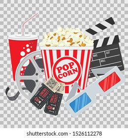 Cinema and Movie time Banner with flat icons film reel, popcorn, soda, 3d glasses, clapperboard and tickets. isolated vector illustration on transparent background