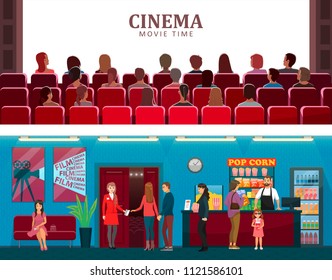 Cinema and movie time colorful vector illustration of modern hole with huge screen for films watching, building interior and fast food with popcorn