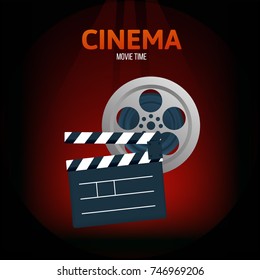 Cinema, movie time concept. Classical film with a film, accessory for the removal of the film's double. Vector illustration isolated.