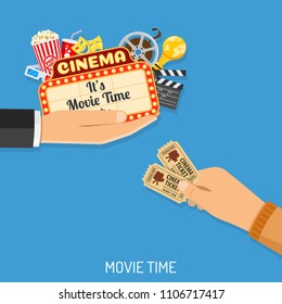 Cinema and Movie time concept with flat icons popcorn, masks, 3D glasses, signboard and tickets in hand, isolated vector illustration