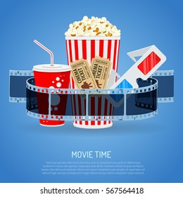 Cinema and Movie time concept with flat icons transparent film, popcorn, drink in paper cup, 3d glasses and tickets, isolated vector illustration