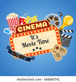 Cinema and Movie time concept with flat icons transparent film, popcorn, signboard, masks, award and tickets , isolated vector illustration