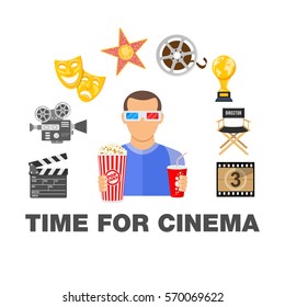 Cinema and Movie time concept with flat icons masks, 3D glasses, clapperboard and viewer with popcorn and soda in hands, isolated vector illustration
