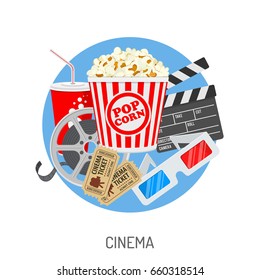 Cinema and Movie time concept with flat icons film reel, popcorn, paper cup, 3d glasses, clapperboard, cinema tickets. Isolated vector illustration