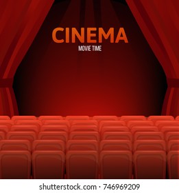 Cinema, movie time concept. Cinema or theater hall. Movie cinema premiere poster design with red curtains. Cinema hall, wood podium, red chairs, red curtain, widescreen. Vector illustration.